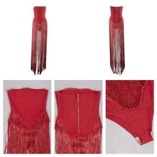 Strapless Fringe Dress Holiday Women Cocktail Sexy Strapless Tassel Red Tight Long Bandage Bodycon Elegant Celebrity Party Wear