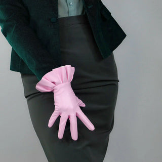 RUFFLE GLOVES 25cm 10" Wrist Short Faux Patent Leather Shine Latex Red Ruffle Trim
