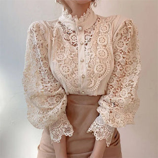 Apricot Lace Blouse Women Autumn Vintage Long Sleeve Pearl Button Flower Hollow Out Blusas See Through Mesh Shirt Camisas Elegantes