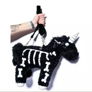 Dark Skelly Unicorn crossbody bag Gothic Rock Pink Plush Flying Horse Skeleton Stuffed