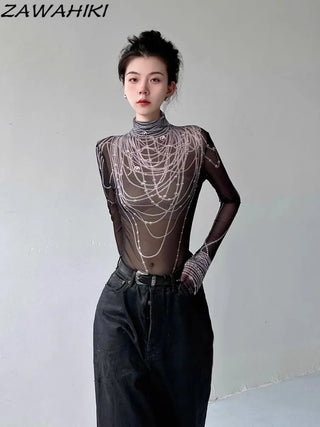 Graphic Long Sleeve T Shirts Women Gauze Transparent Slim Mesh Mock Neck Fashion Grunge Tops