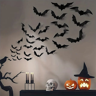 12Pcs/bag 3D Black Bat Wall Stickers Set Halloween Party Essentials for Home Room Decor Window Glass Art Decals Indoor Decor