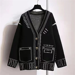Print Graffiti Cardigan Women Long Sleeve Top Illustration Loose V-neck Sweater Autumn Winter Streetwear Knitted Female Cardigans Coat