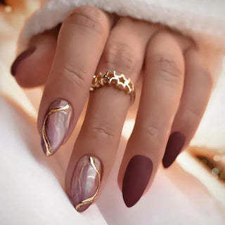 24Pcs Pink Almond False Nails Shiny Golden Ripples Stiletto Fake Nails Detachable Oval Full Cover Press on Nails Tips Manicure