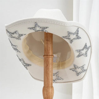 Women Men Cowgirl Hat Wide Brim Rhinestone Star Western Hats for Wedding Carnival Rave Party Travel Costume Accessories