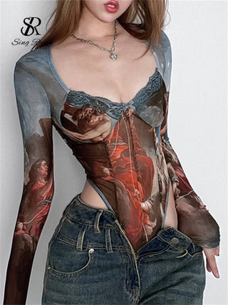 SINGREINY Fashion Gauze Print Bodysuits V Neck Lace Top Long Sleeve Playsuits