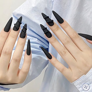 Handmade Black Press on Nails Matte Black Long Almond False Nails Punk Cool 3D Snack Decor Wearable Detachable Fake Nail Patches 10pcs