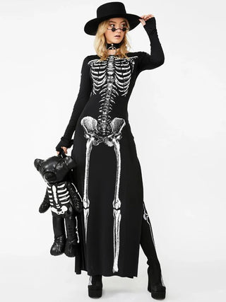 Goth skeleton Halloween Dark Gothic Dress Women Streetwear Skull Printed Long Sleeve O-neck Split Midi Dress Cosplay Clubwear