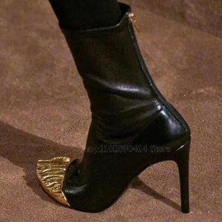 Gold Black Patchwork Five Fingers Boots Slip On Women Shoes Thin High Heels Novel Fashion Party Runway