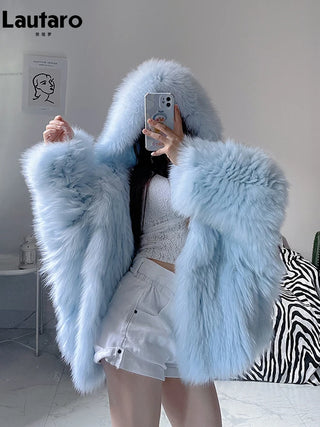 Thick Warm Soft Colored Faux Fur Jacket fashion with Hood Bat Sleeved Loose Casual Designer Clothes