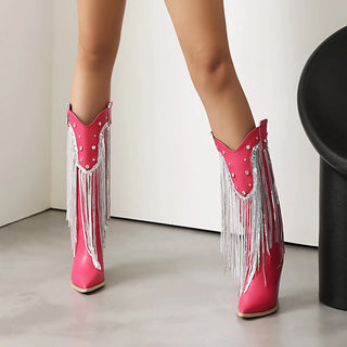 Fring Cowboy Boots Pointed Rivets Tassel High Wide Calf Over The Knee Boots Western Boots Chunky High Heels