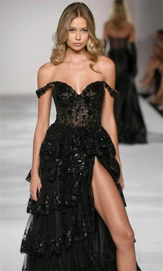 Custom Elegant Off Shoulder Multilayer Dress Customized Side High Split Lace Princess Shiny