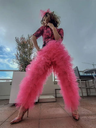 Custom Party Pants Tulle Solid Multi-Layer Ruffle Yarn High Waist Female Trousers Fashion Trousers Club Party Costumes