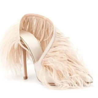 Vintage High Heeled Shoes For Woman's Feather Fur Thin Heels Pointed Toe Elastic Cord