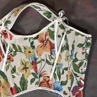 Corset Bustier Ovberbust Floral Beige Print Bodice Lace Up Front Boned Costume Shaping Tops Slimm Waist Tummy Contr