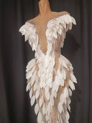 Sparkly rhinestone 3D White Sequin Feather Dress