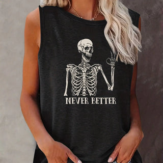 Skeleton Print Crew Neck Tank Top, Casual Sleeveless Tank Top