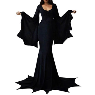 Batwing Morticia Gothic Dress Long Sleeve High Waist Classic long drama