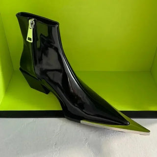 Luxury Designer Pointed Toe Boots Women Fall Chunky Heel Metal Toe Side Zip Black
