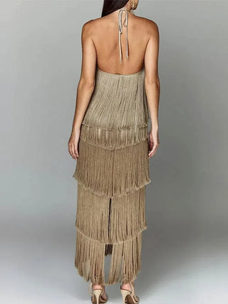 Elegant Backless Sleeveless Layered Slim Dresses Fring Metallic Color Tassel Halter Lace Up Dress