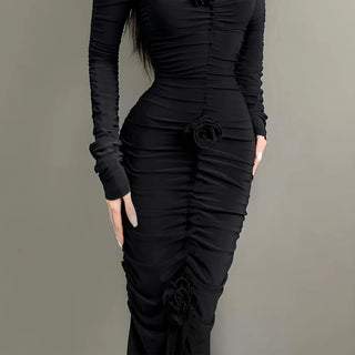 Black Off Shoulder Dark rose Flower Ruching Long Dress Gothic tight Long Sleeve Halloween Dresses