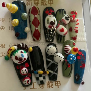 High-Quality Handmade 3D Art Press On Nails Halloween Theme Horror Clown Coffin Shape Spicy Girl Style Detachable Wear Fake Nail