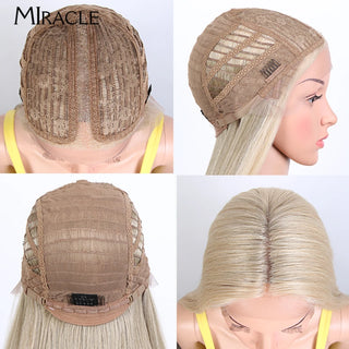 MIRACLE Synthetic Straight Lace Wig for Women Blonde Cosplay Wig Soft Long 38Inch Fiber Hair Lace Front WIg Heat Resistant