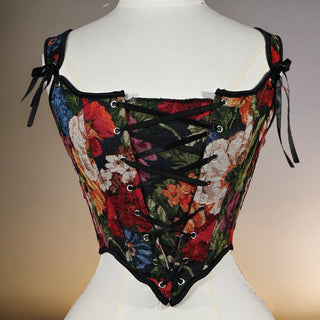 Corset Bustier Ovberbust Floral Beige Print Bodice Lace Up Front Boned Costume Shaping Tops Slimm Waist Tummy Contr