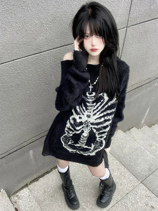 Goth Skull Print Skeleton Sweater Tops Black Pullover