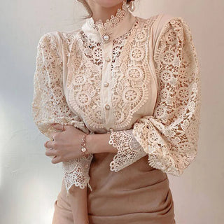 Apricot Lace Blouse Women Autumn Vintage Long Sleeve Pearl Button Flower Hollow Out Blusas See Through Mesh Shirt Camisas Elegantes