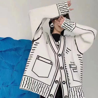 Print Graffiti Cardigan Women Long Sleeve Top Illustration Loose V-neck Sweater Autumn Winter Streetwear Knitted Female Cardigans Coat