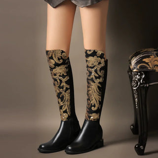 Leather Equestrian sequin zipper plush inner heightening long boots square high-heeled daily dress large-size women boots