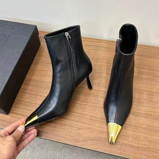 Gold Tip Metal Square toe Leather Ankle Boots Elegant heels Chelsea Short Boots Shoes