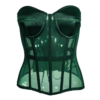 Enchanted Corset Bustier - Nude/Green Mesh Bodice with Lace-Up Boned Detailing | Beautifully Haunting