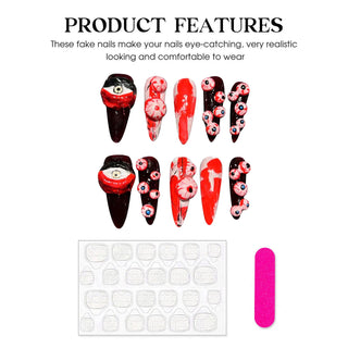 Handmade Press on Nails Punk Dark Style Halloween False Nails Black and Red Scary Eyeball Design Long Almond False Nails