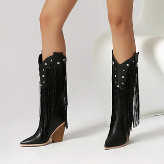 Fring Cowboy Boots Pointed Rivets Tassel High Wide Calf Over The Knee Boots Western Boots Chunky High Heels