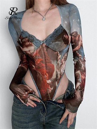 SINGREINY Fashion Gauze Print Bodysuits V Neck Lace Top Long Sleeve Playsuits