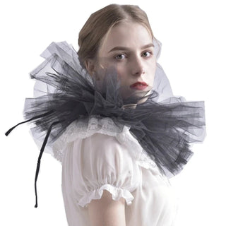 Renaissance Tulle Ruffled Fake Collar Layered Mesh Clown Choker Lace-Up Ribbon Victorian Neck Ruff Shawl Cosplay Props