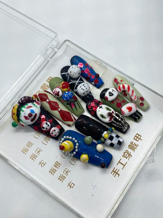 High-Quality Handmade 3D Art Press On Nails Halloween Theme Horror Clown Coffin Shape Spicy Girl Style Detachable Wear Fake Nail