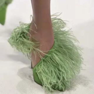 Vintage High Heeled Shoes For Woman's Feather Fur Thin Heels Pointed Toe Elastic Cord