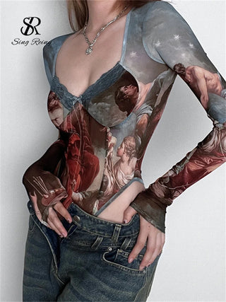 SINGREINY Fashion Gauze Print Bodysuits V Neck Lace Top Long Sleeve Playsuits