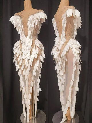 Sparkly rhinestone 3D White Sequin Feather Dress