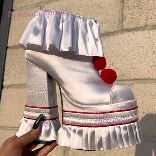 White Satin Cake Platfom Clown Ruffle Tassel Skirt Heels Fuchsia Silk Pom Round Chunky Pump Girl IT Shoes