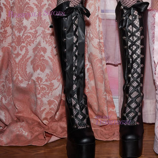 Pink Suede Ribbon Platform Boots Girls Party Corduroy Black Hollow Lace Knee Booties Chunky Heel Weave Fringe Sweet Cute Shoe