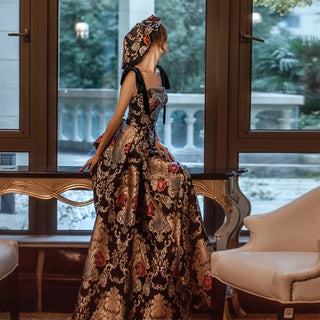 Custom Jacquard Fabric Evening Dresses Spaghetti Strap A-line Evening Gown Vintage Elegant Party Dress  Size Customized
