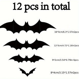12Pcs/bag 3D Black Bat Wall Stickers Set Halloween Party Essentials for Home Room Decor Window Glass Art Decals Indoor Decor