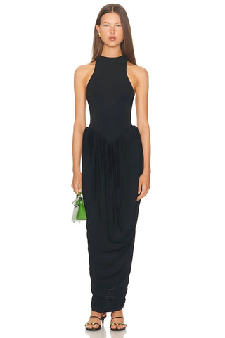 Blifanbo Pleated Elegant O Neck Maxi Dress For Women Off-shoulder Fashion Slim Fit Sleeveless Patchwork Sexy Club Party Dress