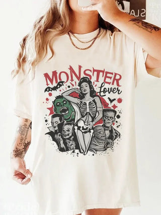 Vintage Halloween Monster Lover Printed T-Shirt Summer Fashion T-Shirt Casual Short Sleeved Clothing Top Loose T-Shirt