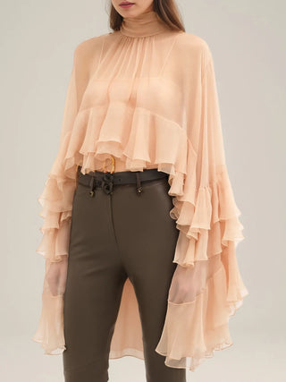 Whimsical Loose Sheer Blouse High Neck Long Sleeves Patchwork Ruffles Folds Elegant