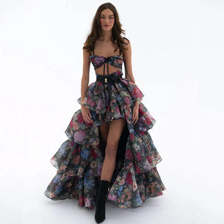 New princess suspender high low skirt, women's floral cake skirt